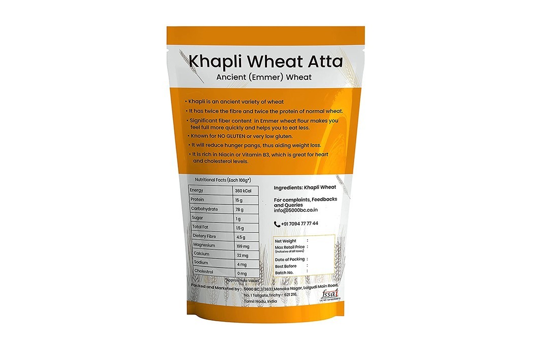 5000 BC Khapli Wheat Atta Ancient (Emmer) Wheat   Pack  2 kilogram